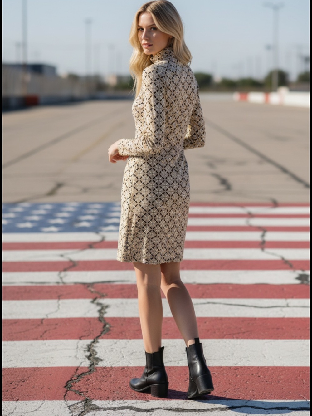 Classic Geometric Print Long-Sleeve Dress in Beige NWOT
